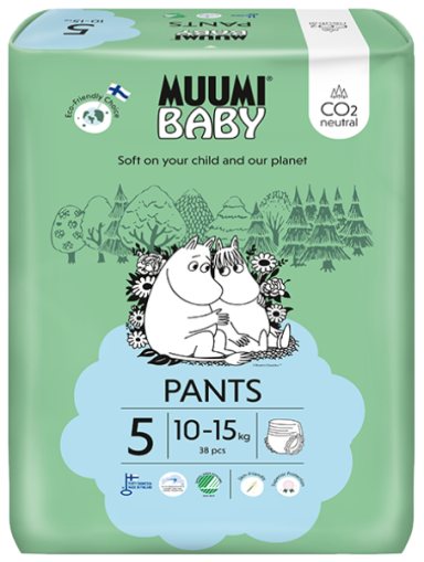 Scutece finlandeze eco, tip chilotel, Muumi Baby 5 maxi, 38 buc