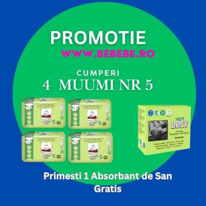 4 x Scutece finlandeze eco Muumi Baby 5 mini 10-16 kg 22 bucati + Absorbante de san cadou