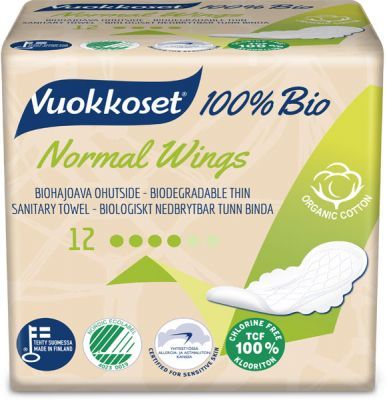 Absorbante finlandeze Vuokkoset 100% bio Normale cu aripioare, de zi, 12 buc, ambalate individual
